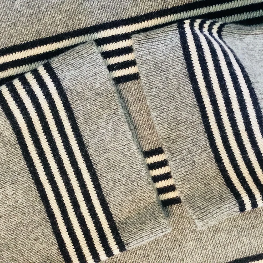 CHANEL 100% CASHMERE STRIPPED BATEAU NECK CHAIN BUTTON SWEATER SIZE 36